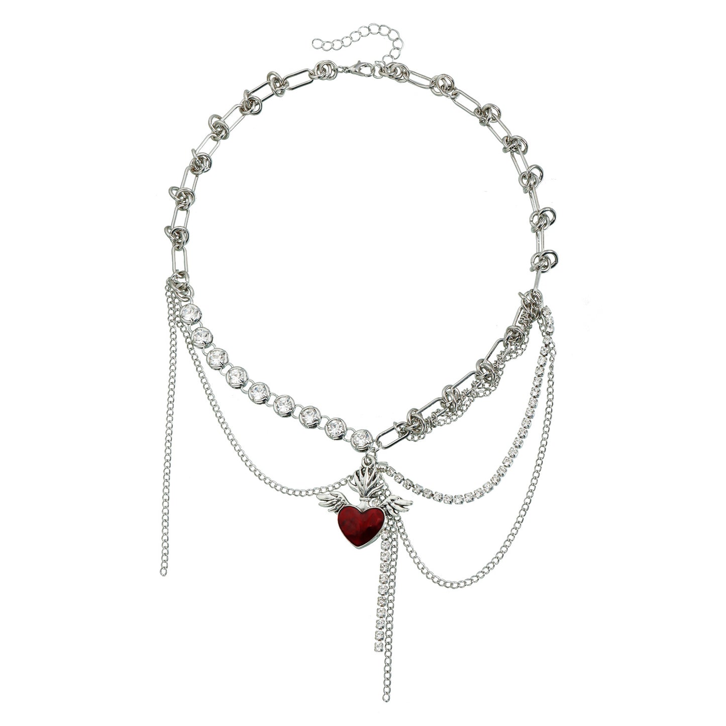 Red Heart Wing Geometric Rhinestone Alloy Necklace for Women