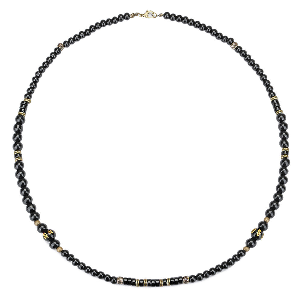 Vintage Ethnic Geometric Wood Necklace with Black Agate and Alloy Pendant for Men