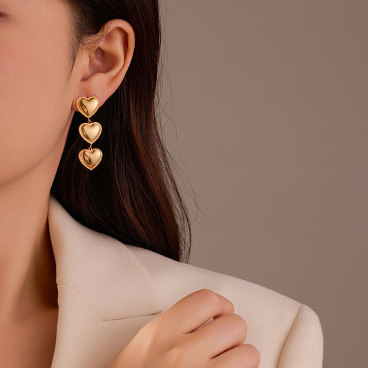 Vintage Style Heart-Shaped Stainless Steel Earrings with 18K Gold Plating and Fringe Detail