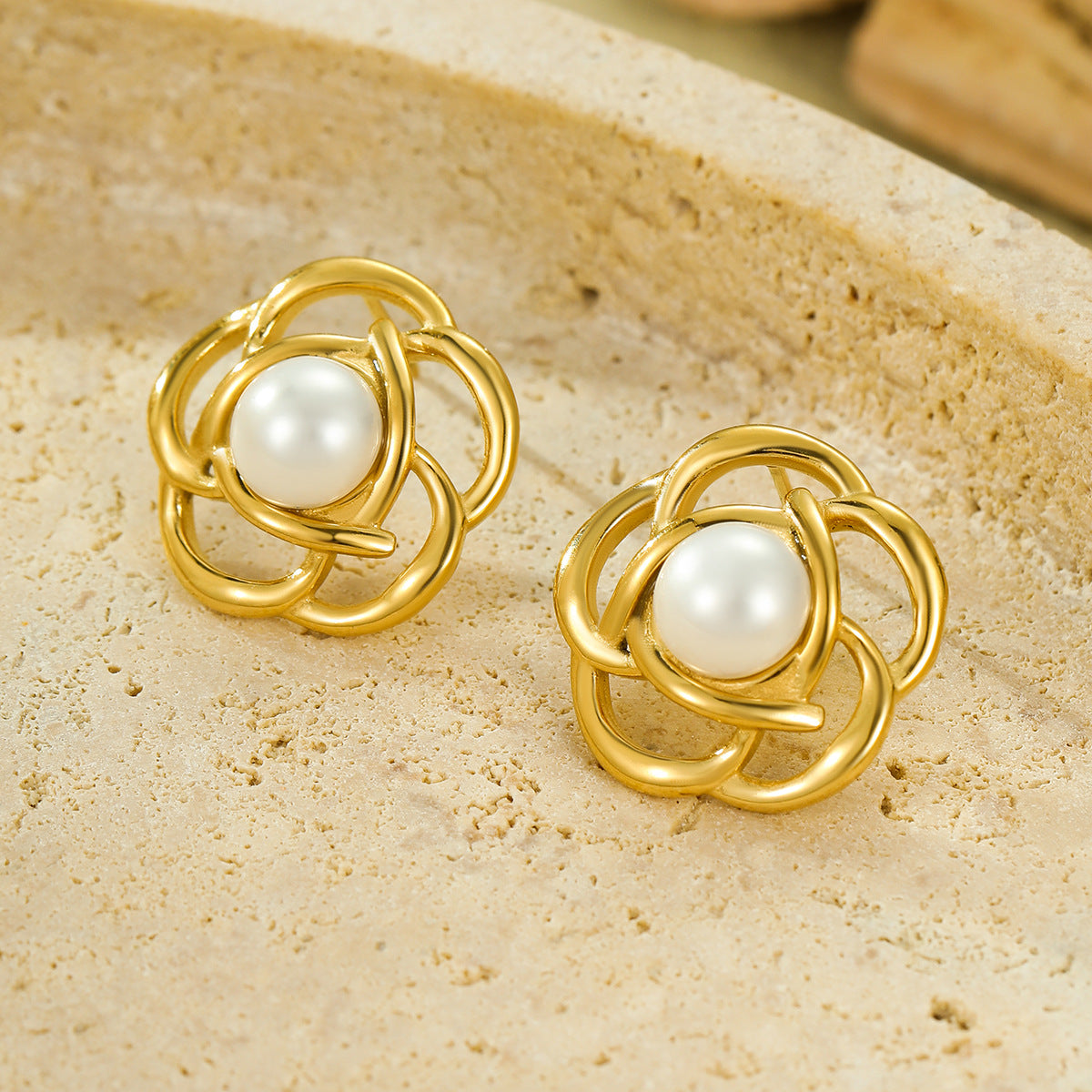 Vintage Style Hollow Flower-Shaped Stainless Steel Earrings with Freshwater Pearl Inlay and 18K Gold Plating
