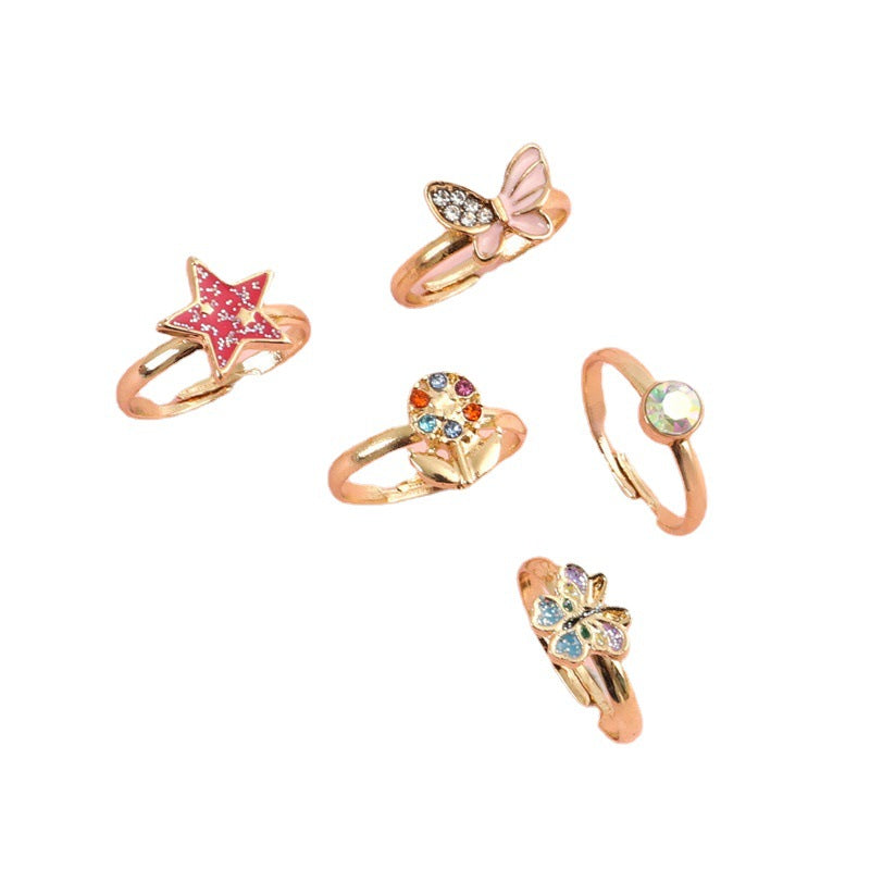 Cartoon Butterfly Floral Alloy Ring Set for Kids with Enamel Finish and Rhinestone Inlay