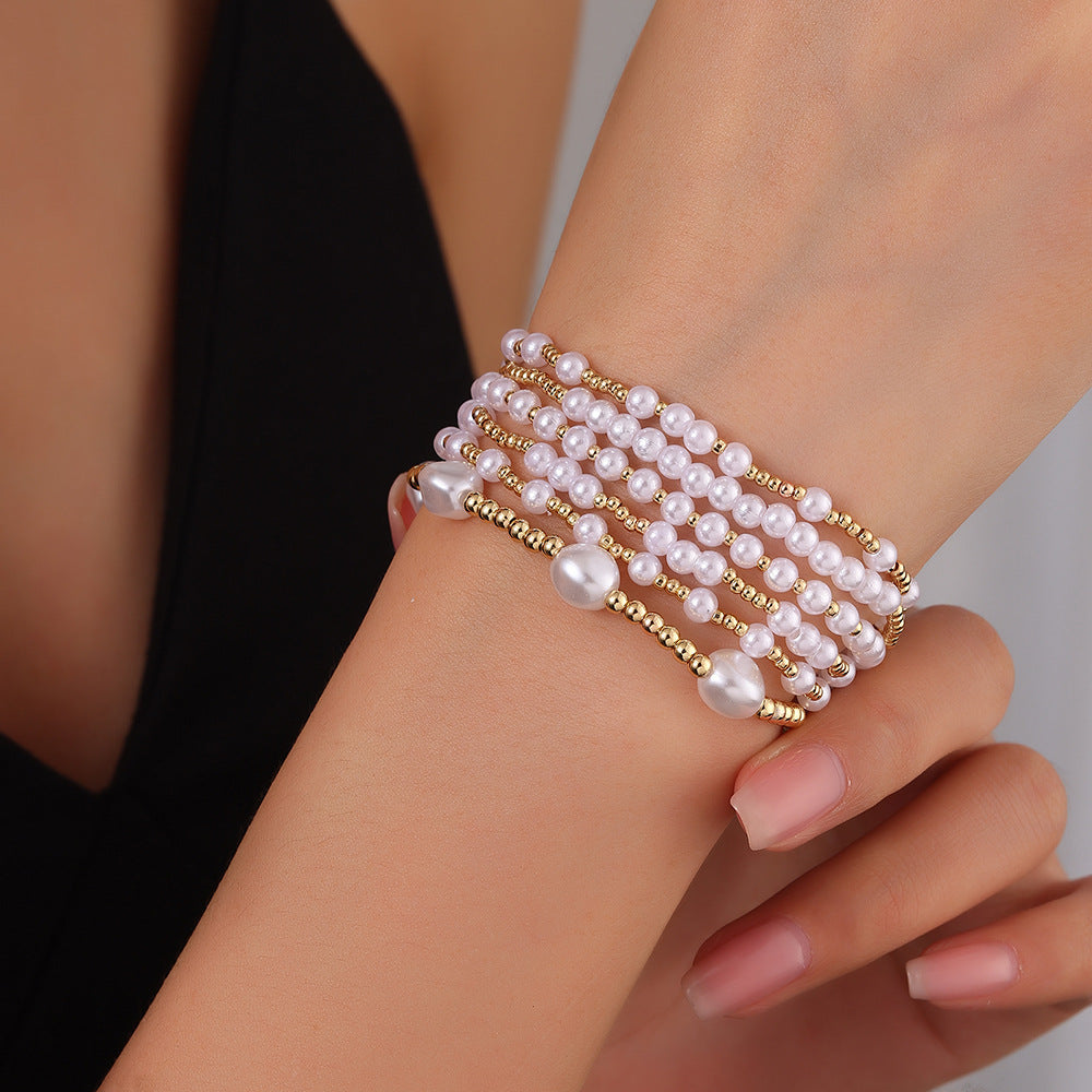 Minimalist Geometric Copper Bead Imitation Pearl Bracelet Set Women 18K Gold Plated Elastic String Jewelry