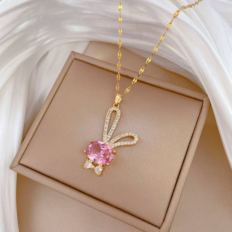 Sweet Cartoon Rabbit Full Rhinestone Pendant Necklace Titanium Steel Cable Chain for Women and Men