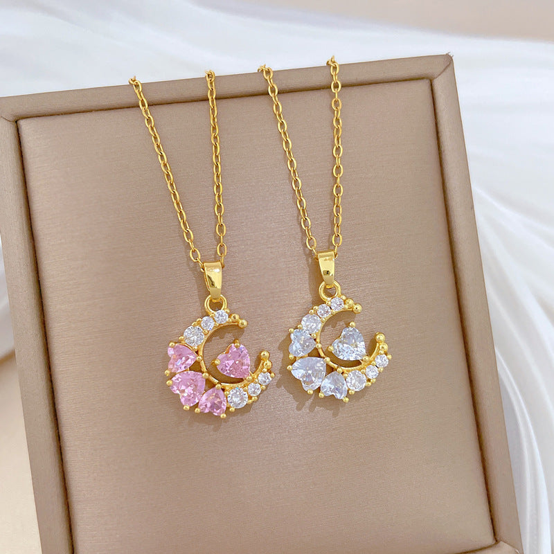 Sweet Moon Heart Diamond Cubic Zirconia Plated Titanium Steel Necklace and Earring Set with Cable Chain