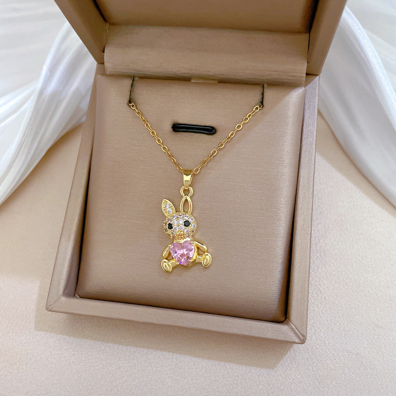 Sweet Elegant Geometric Rabbit Rhinestone Plated Titanium Steel Necklace and Earring Set for Women