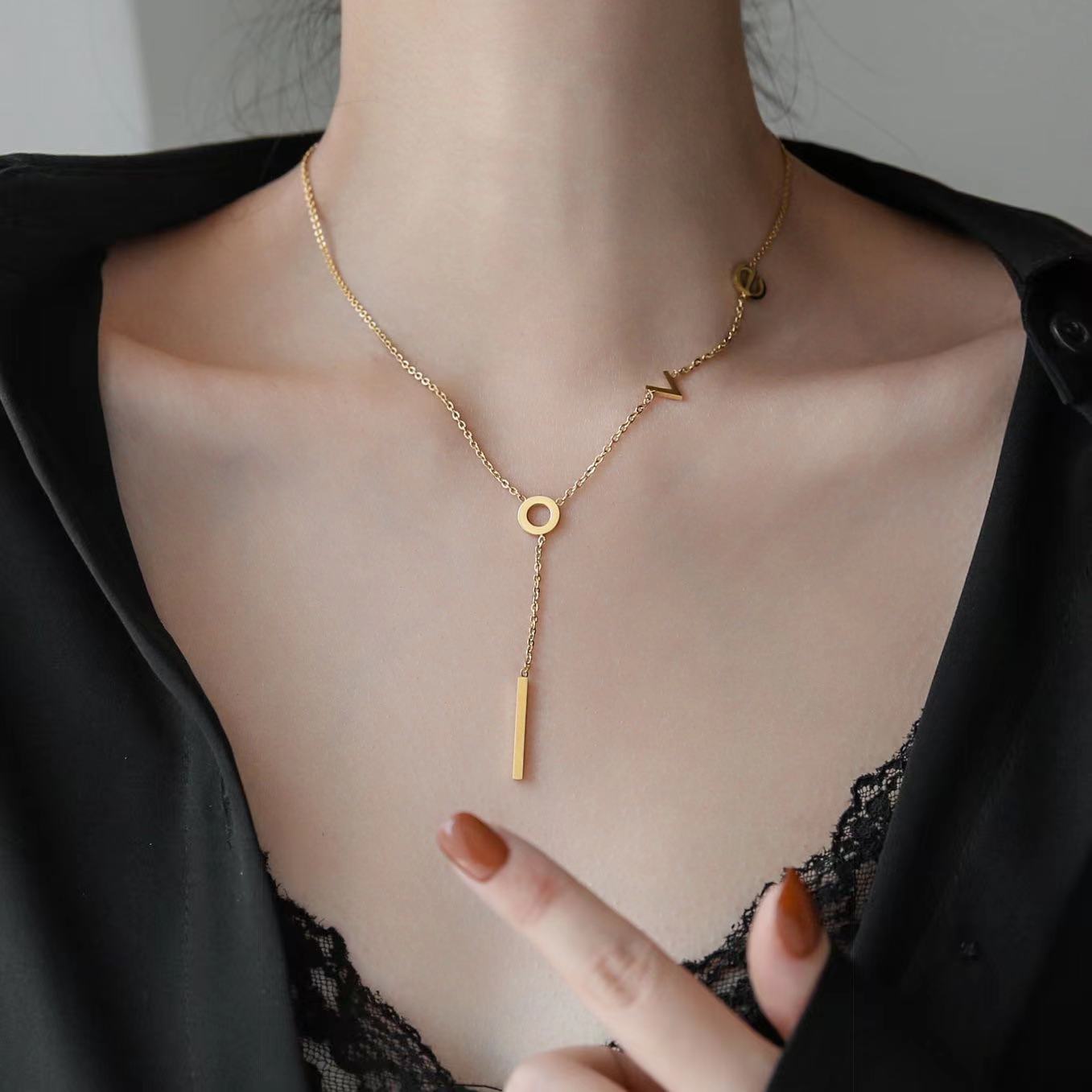 Geometric Titanium Steel Plated Pendant Necklace with Snake Chain for Women