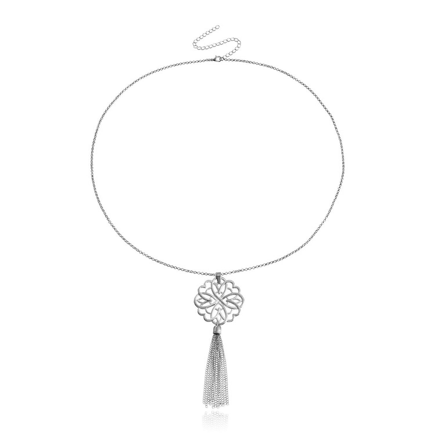 Minimalist Lotus Pendant Long Layered Necklace for Women with Hollow Design and Tassel Detail in Alloy with Plating Finish