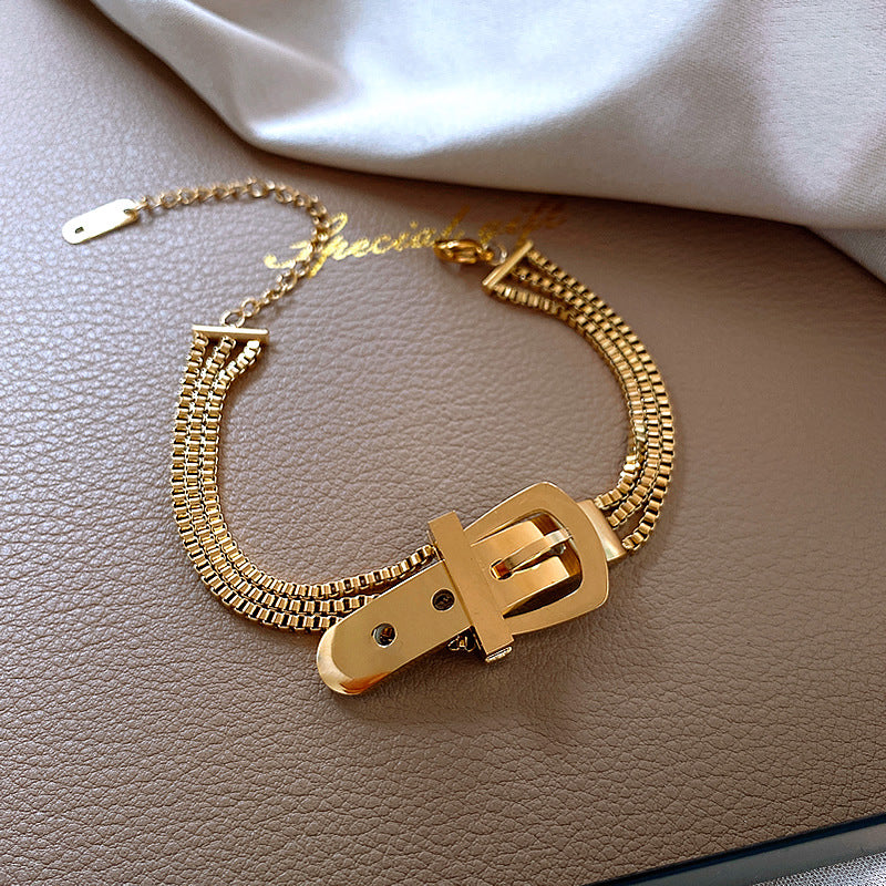 Minimalist Geometric Titanium Steel Bracelet with Belt Buckle Detail Vacuum Plated Multi-Layer Fashion Hand Chain for Women
