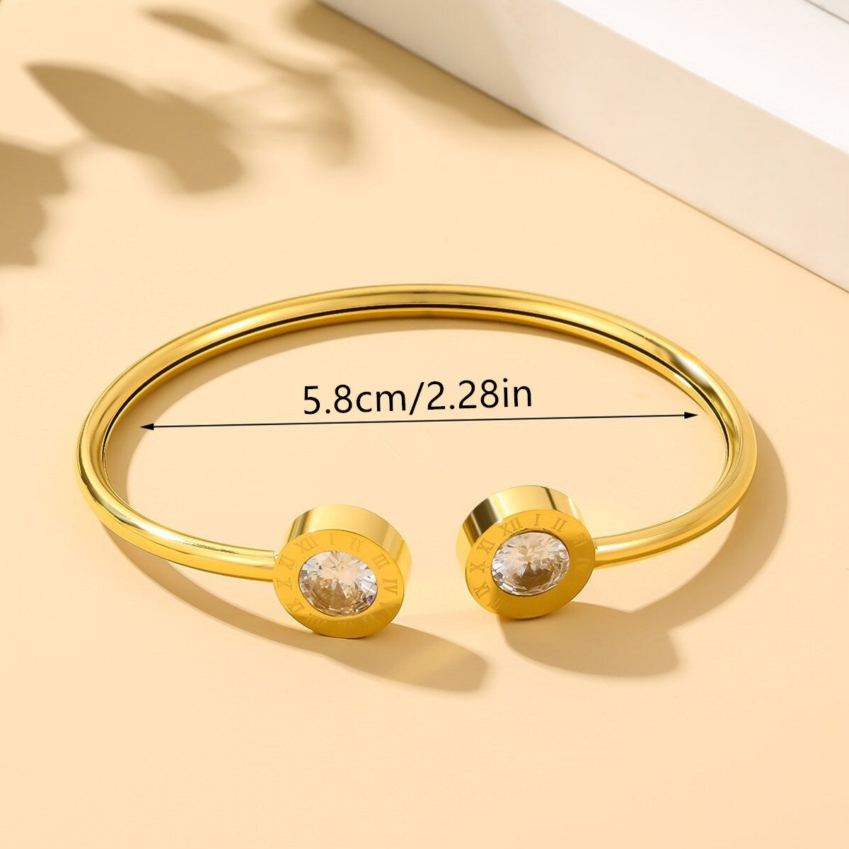 Minimalist Stainless Steel Roman Numeral Open Bangle Bracelet with Zircon Inlay