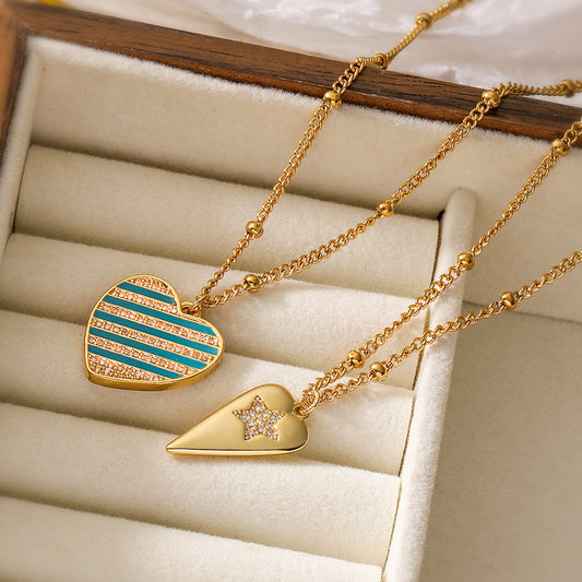 Collana da donna con ciondolo a forma di cuore in rame placcato oro 18K e zirconi, stile vintage