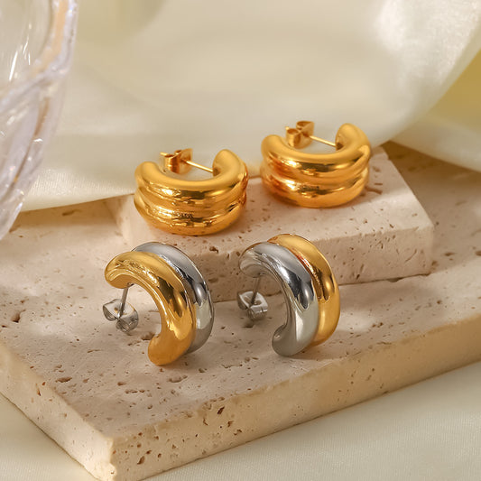 Orecchini a cerchio doppi a strati geometrici di moda placcati oro 18K in acciaio inossidabile bicolore per donna