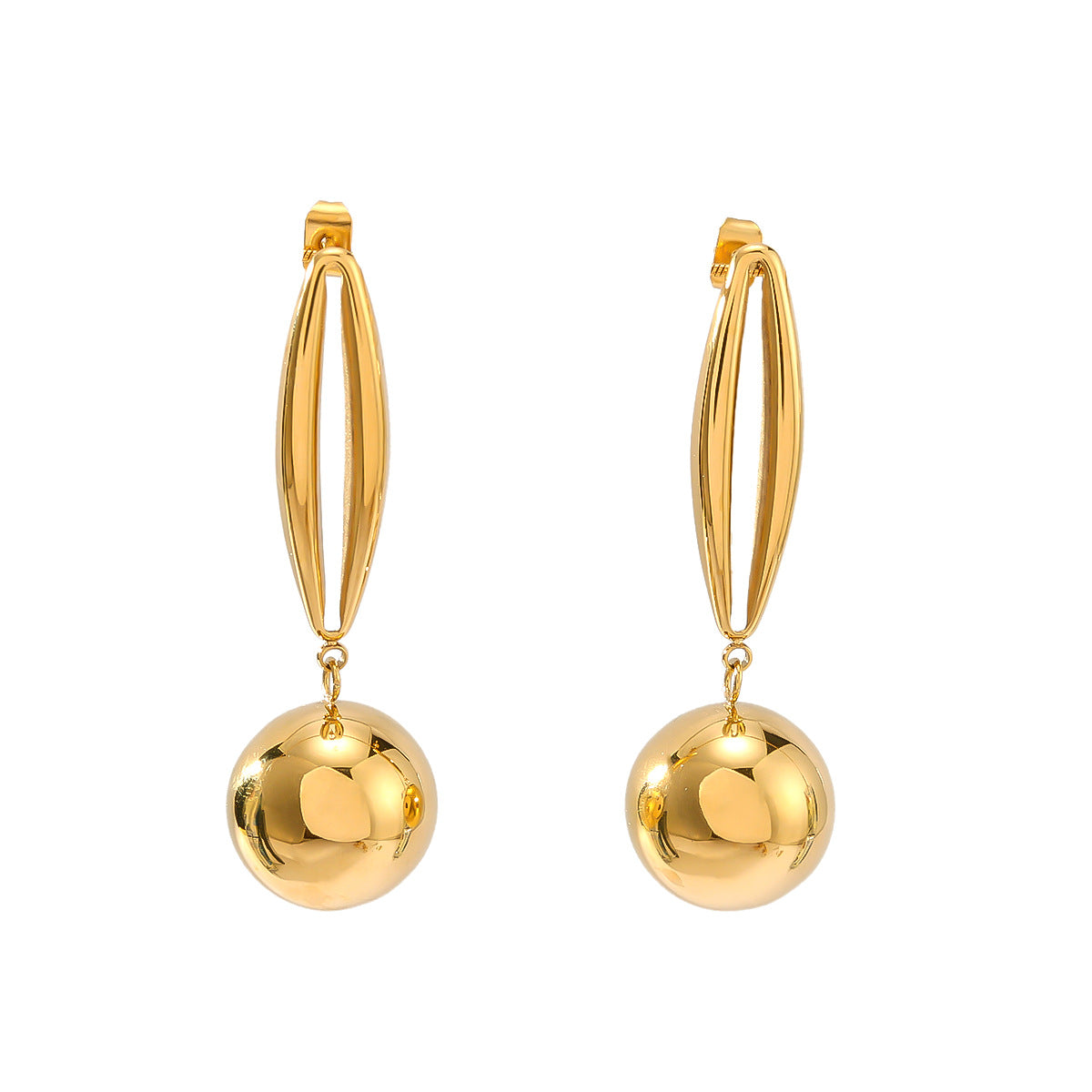 Orecchini Pendenti Minimalisti Geometrici a Doppio Strato con Ovali Vuoti e Sfere Rotonde in Acciaio Inox, Finitura Oro 18K Placcato Sottovuoto