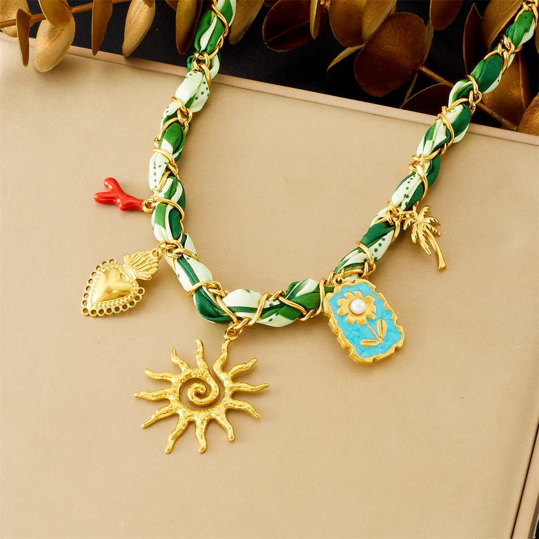 Luxury Gold Plated Stainless Steel Floral Square Sun Drip Oil Pendant Necklace for Women