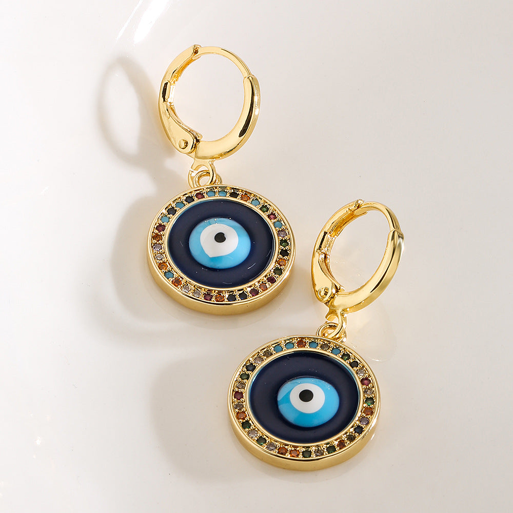 Geometric Blue Eye Earrings for Women with Copper Base Plated in 18K Gold and Enamel Finish