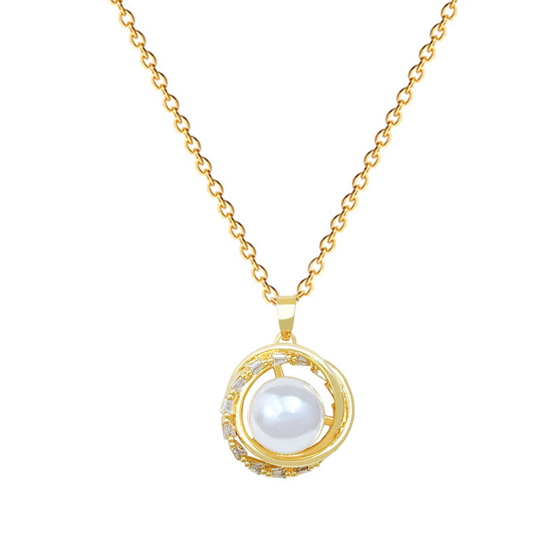 Sweet Geometric Rotating Bird Nest Pearl Rhinestone Necklace Titanium Steel Cable Chain for Women