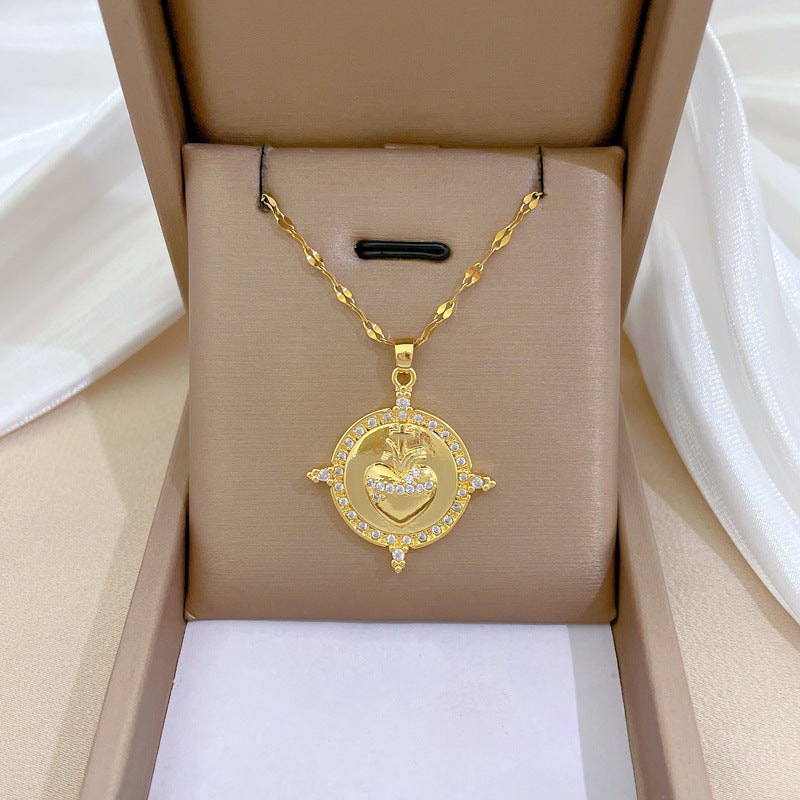 Collar con colgante redondo minimalista de flor de manzano para mujer con cadena de acero inoxidable y detalles de pedrería