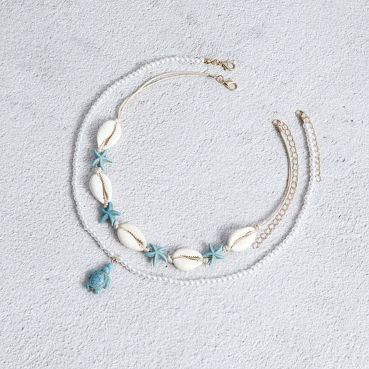 Bohemian Hand-Knotted Summer Necklace with Shell Star Turtle Pendant for Women