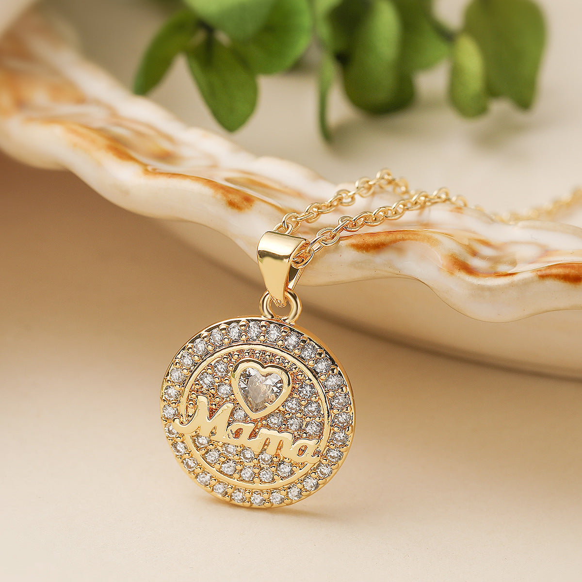 Minimalist Elegant 18K Gold Plated Brass Round Letter MAMA Cubic Zirconia Pendant Necklace for Women