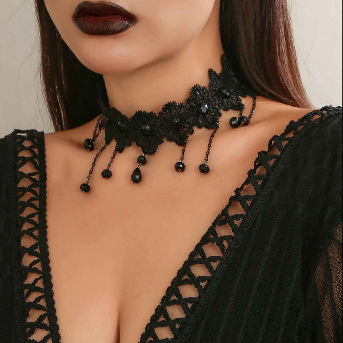 Vintage Gothic Floral Lace Teardrop Tassel Choker Necklace