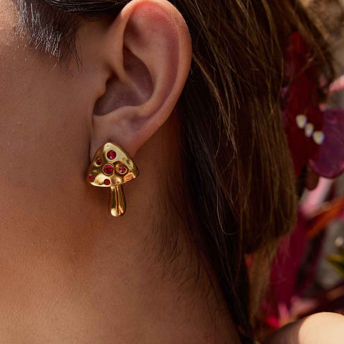 Luxury Elegant Geometric Mushroom Stud Earrings with Red Cubic Zirconia, Stainless Steel and Titanium Steel Post, 18K Gold Plated