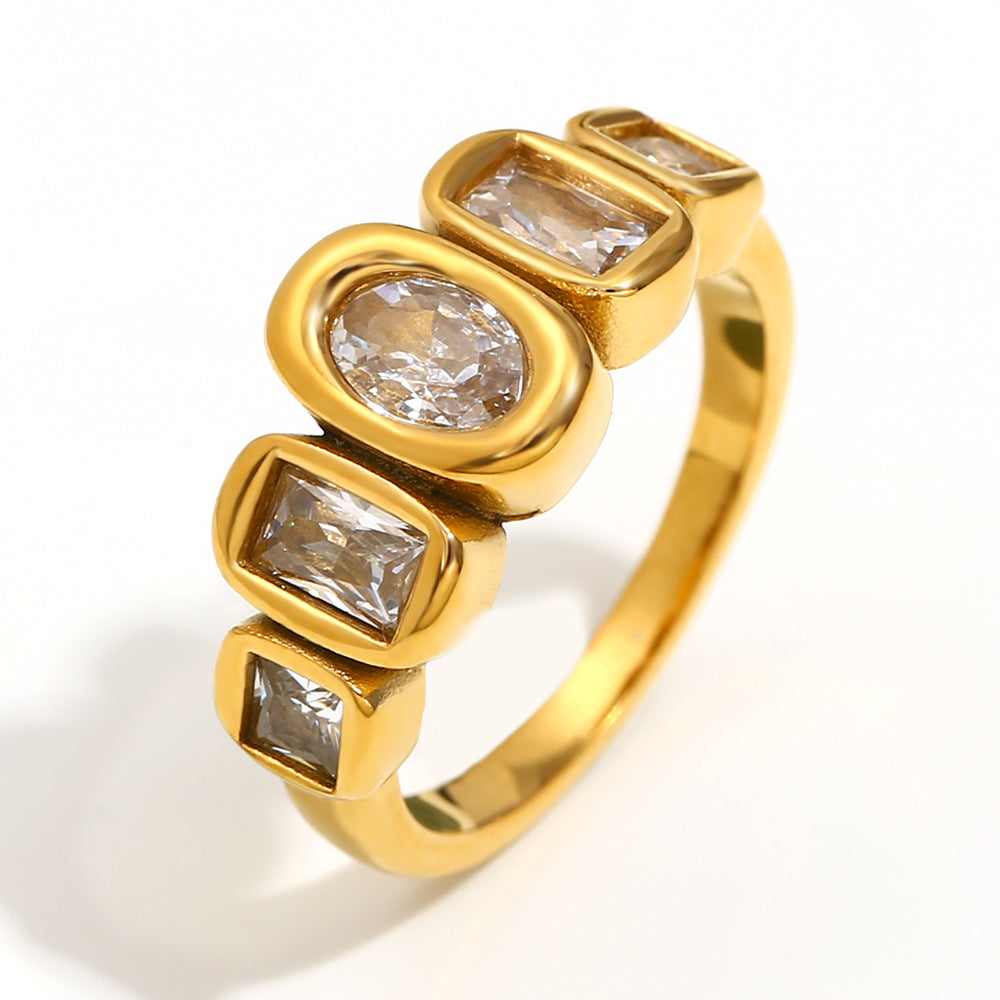Minimalist Geometric Ring in 316L Stainless Steel with 18K Gold Plating and Zirconia Inlay for Women