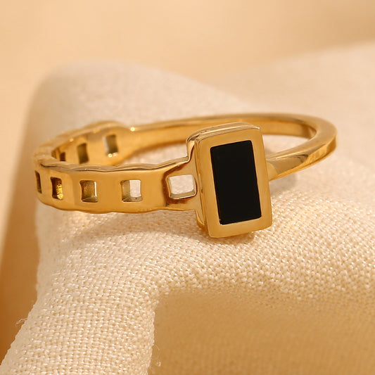 Minimalist Geometric Stainless Steel Ring with 18K Gold Plating for Women Asymmetric Black Vinyl Square Design