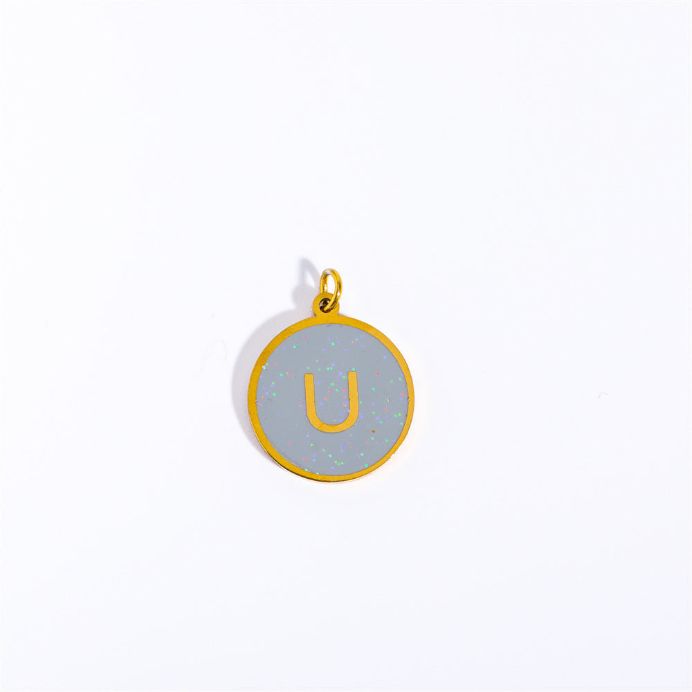 Candy Color Drip Oil 18K Gold Plated Letter Charm Bar Titanium Steel Necklace