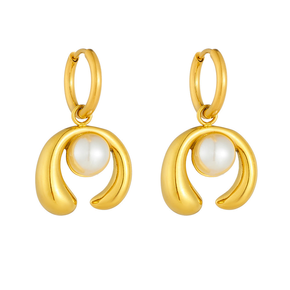 Elegant Business Gold Plated Horseshoe Stainless Steel Pearl Drop Earrings for Women