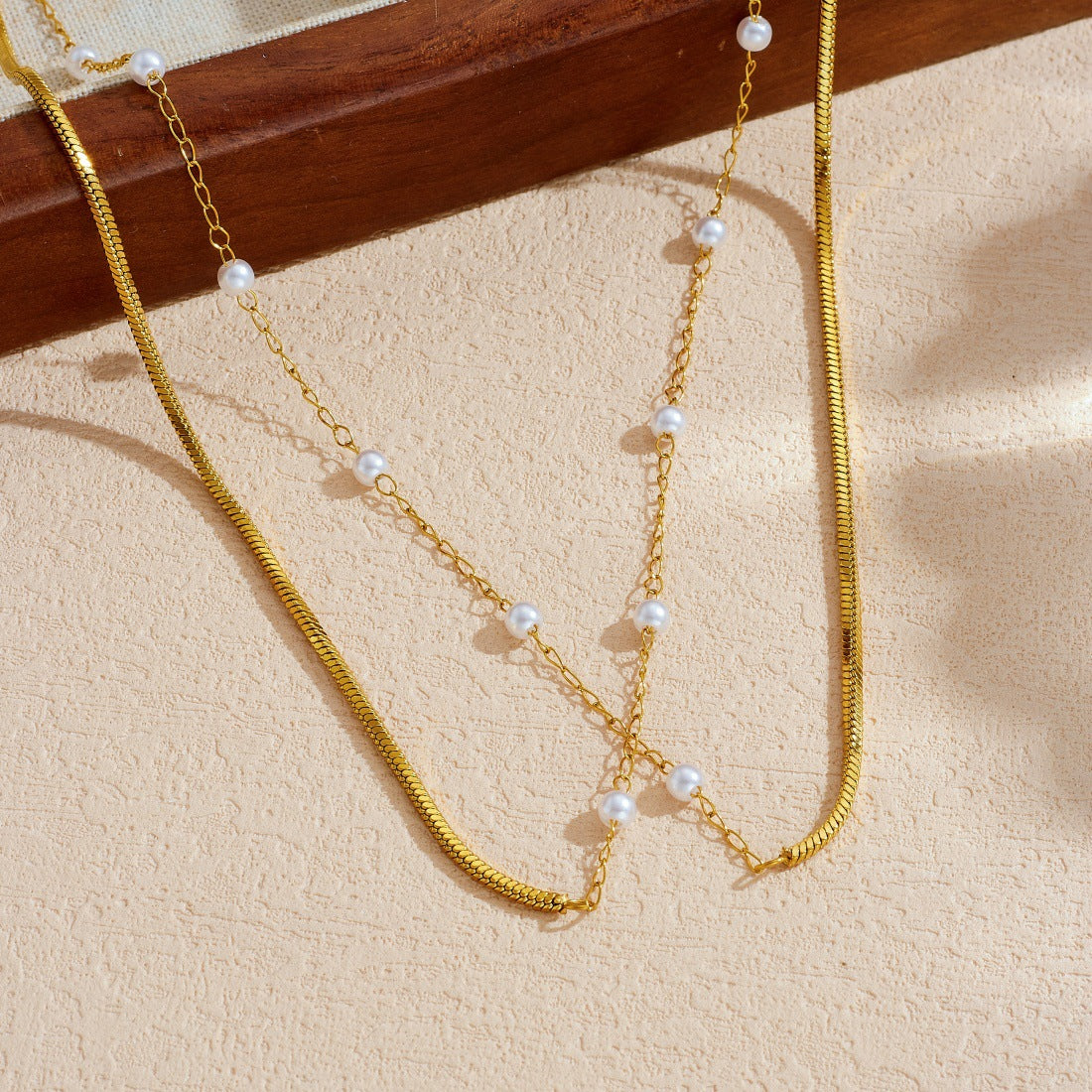 Minimalist Luxury Gold Plated Round Snake Chain Stainless Steel Double Layer Faux Pearl Necklace for Women
