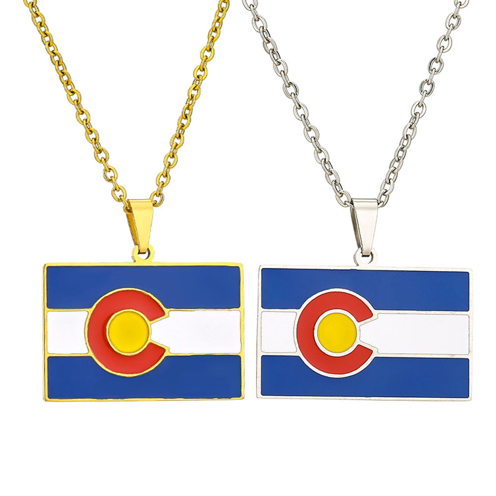 Collar con colgante de la bandera del estado de Colorado, geométrico étnico vintage, de acero inoxidable con acabado esmaltado, con cadena de eslabones, unisex
