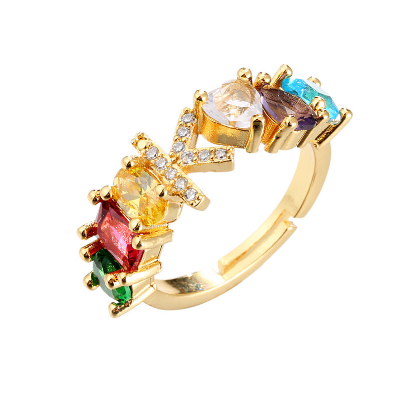 Hand-Set Cubic Zirconia Letter Open Ring Gold Plated Brass Adjustable Women