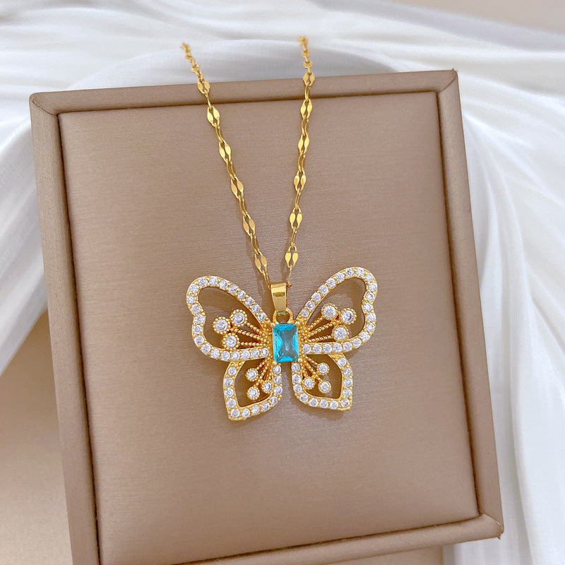 Sweet Minimalist Geometric Butterfly Rhinestone Titanium Steel Necklace for Unisex