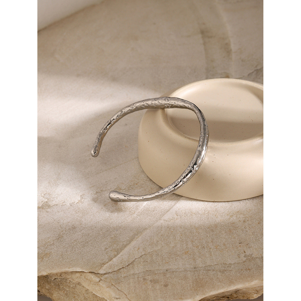 Minimalist 18K Gold Plated Geometric Hammered Stainless Steel Open Cuff Bracelet