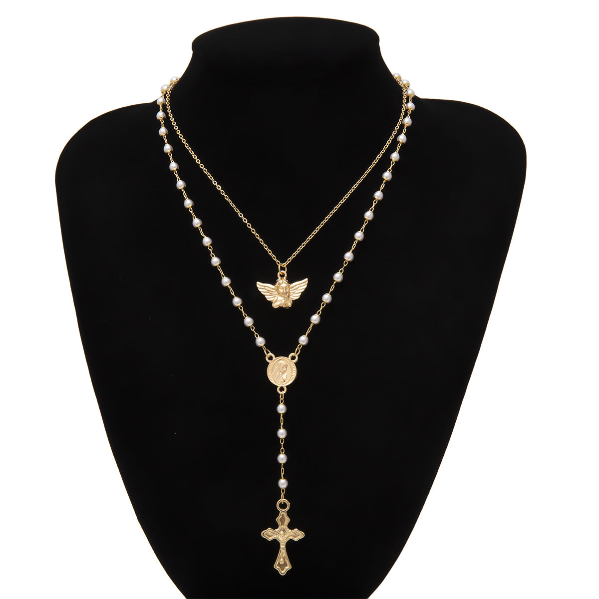 Collar vintage minimalista geométrico de ángel con perlas simuladas, multicapa, con borlas y cadena cruzada