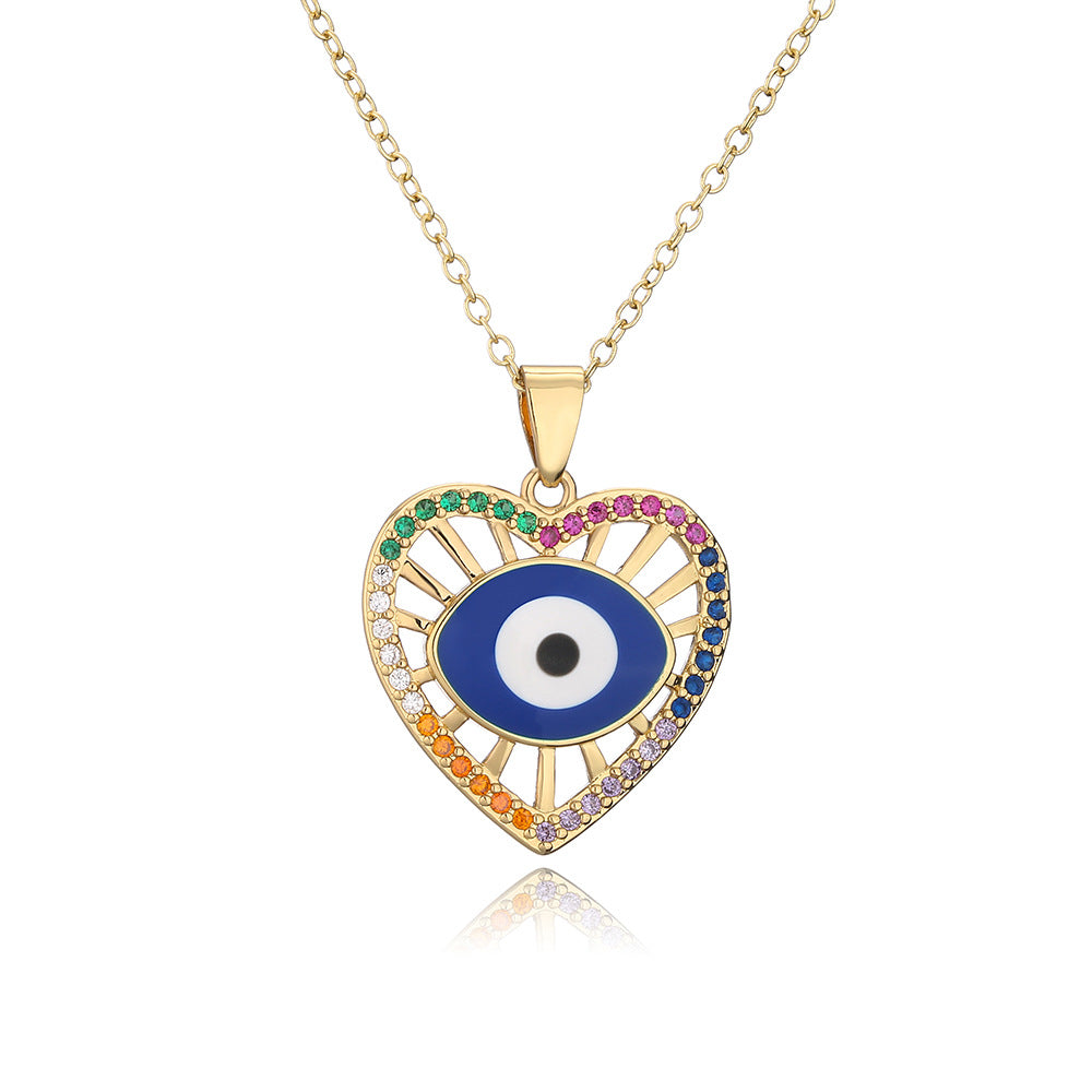 Minimalist Lucky Heart Enamel Evil Eye Pendant Necklace for Women in Brass with 18K Gold Plating and Colored Zircon