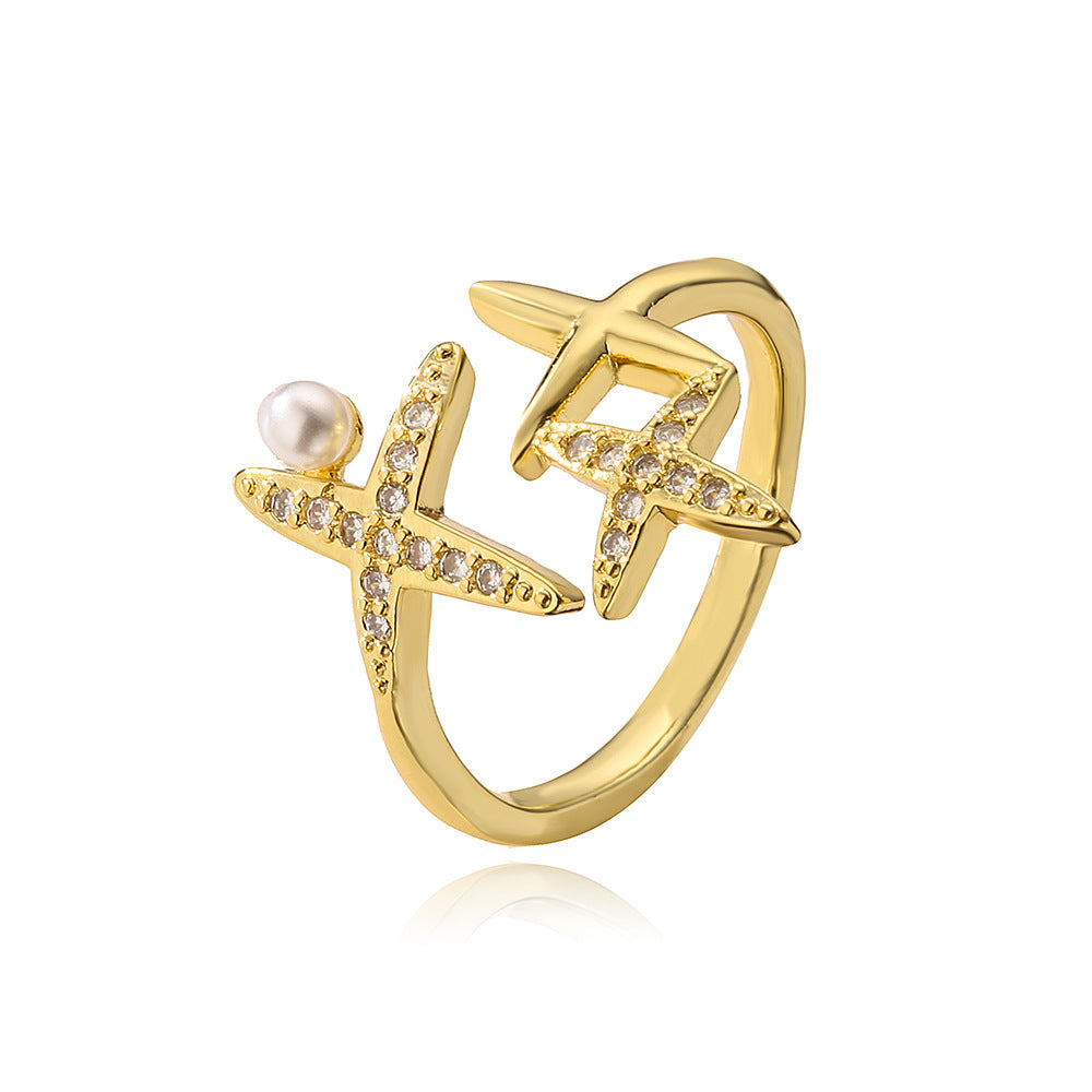 Anello Aperto Tartaruga Farfalla Geometrica da Donna in Rame con Placcatura in Oro 18K e Intarsio di Zirconi