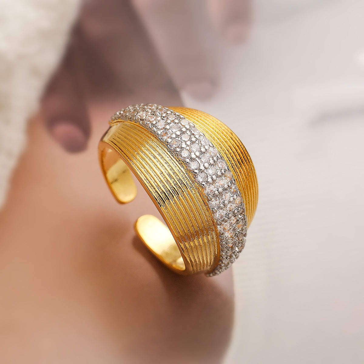 Minimalist Geometric Copper Ring with Real Gold Plating and Zircon Inlay for Women