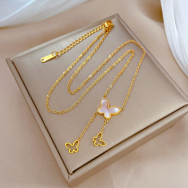 Minimalist Titanium Steel Butterfly Pendant Necklace for Women with Real Gold Plating and Geometric Design, Clavicle Chain for Fashion-Forward Everyday Wear