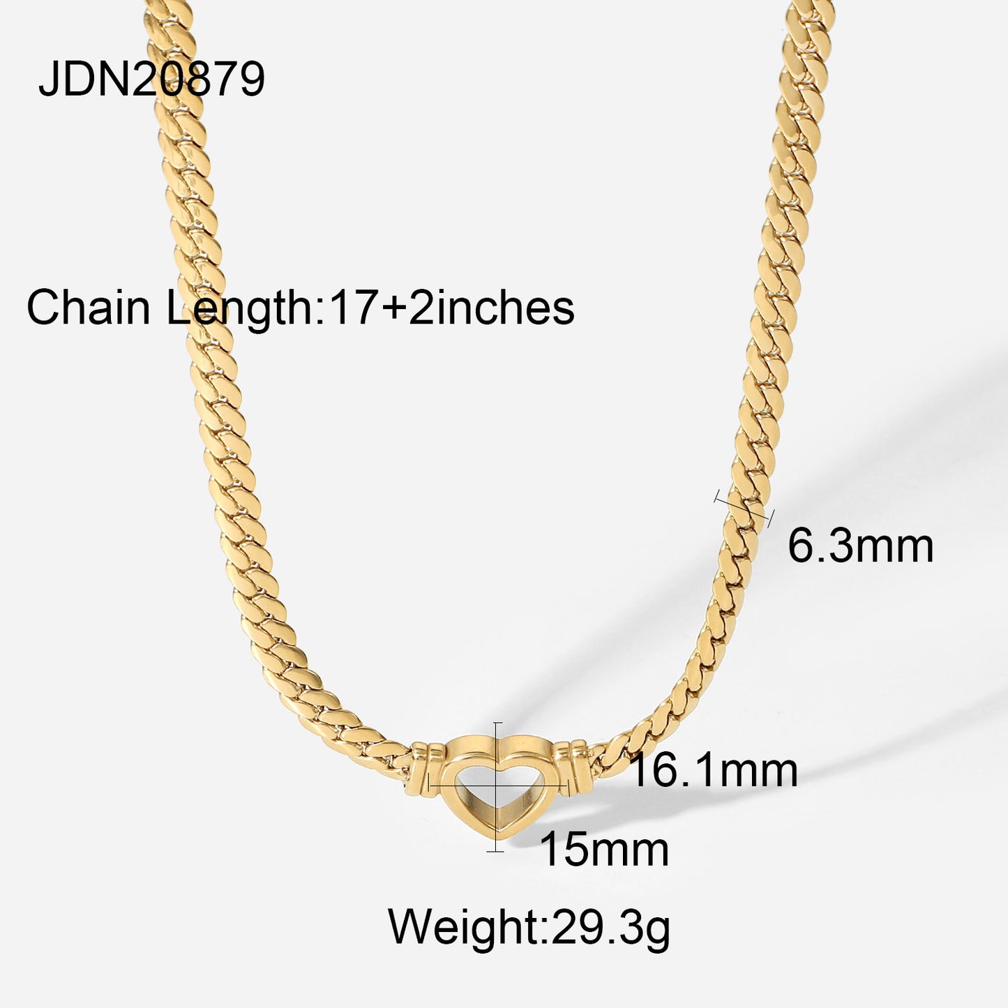 INS Style Heart Shaped Stainless Steel Cuban Necklace with Gold Plated Hollow Flat Snake Chain for Women