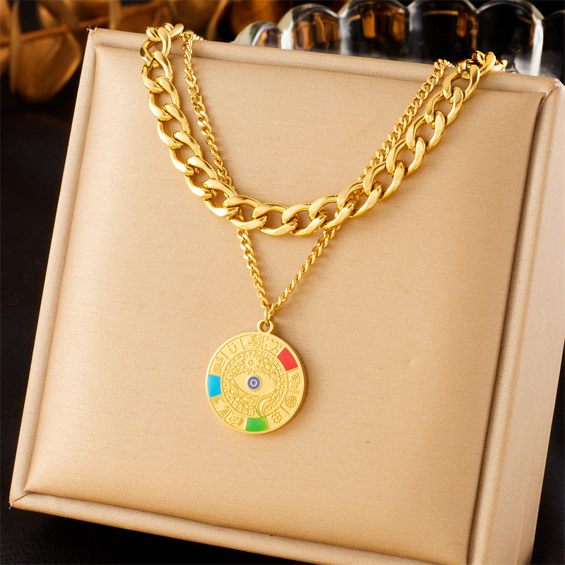 Collana Pendente Mano e Occhio in Acciaio Inossidabile Placcato Oro Doppio Strato Vintage