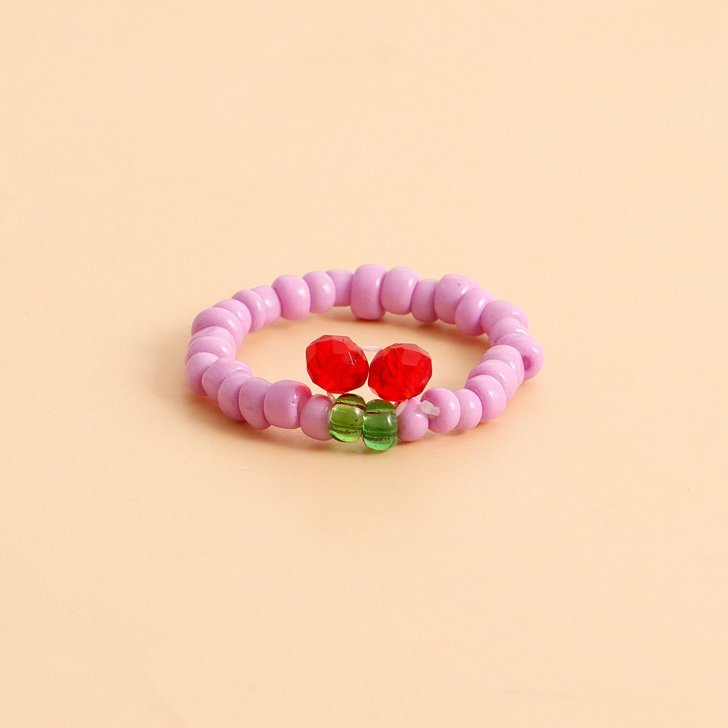 Minimalist Geometric Alloy Ring with Plated Finish for Women Colorful Cherry Beaded Elastic Band Fashion Jewelry