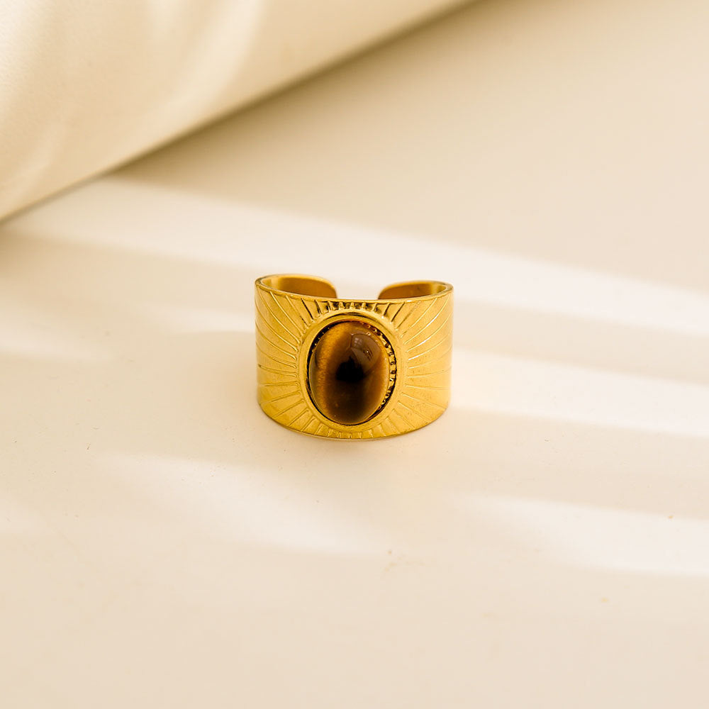 Anello geometrico rotondo in acciaio al titanio con smalto bianco e nero, regolabile, in stile vintage