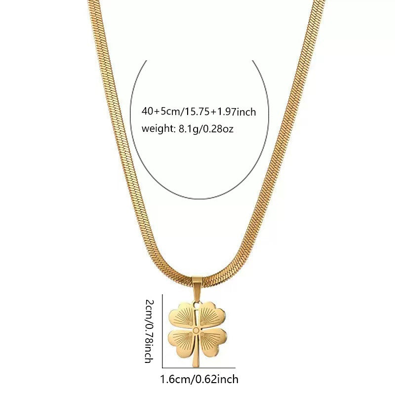 Sweet Geometric Floral Plated Titanium Steel Four-Leaf Clover Necklace and Earring Set for Women