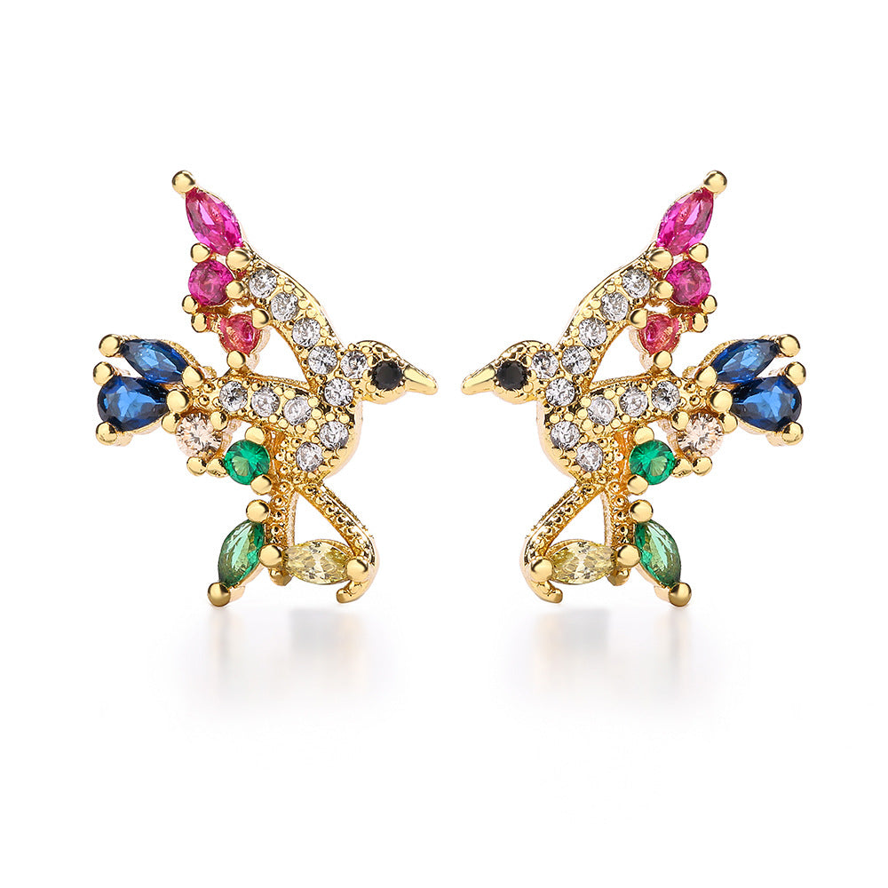 Minimalist Geometric Bird Floral Heart Earrings for Women in Copper with Real Gold Plating and Zircon Inlay