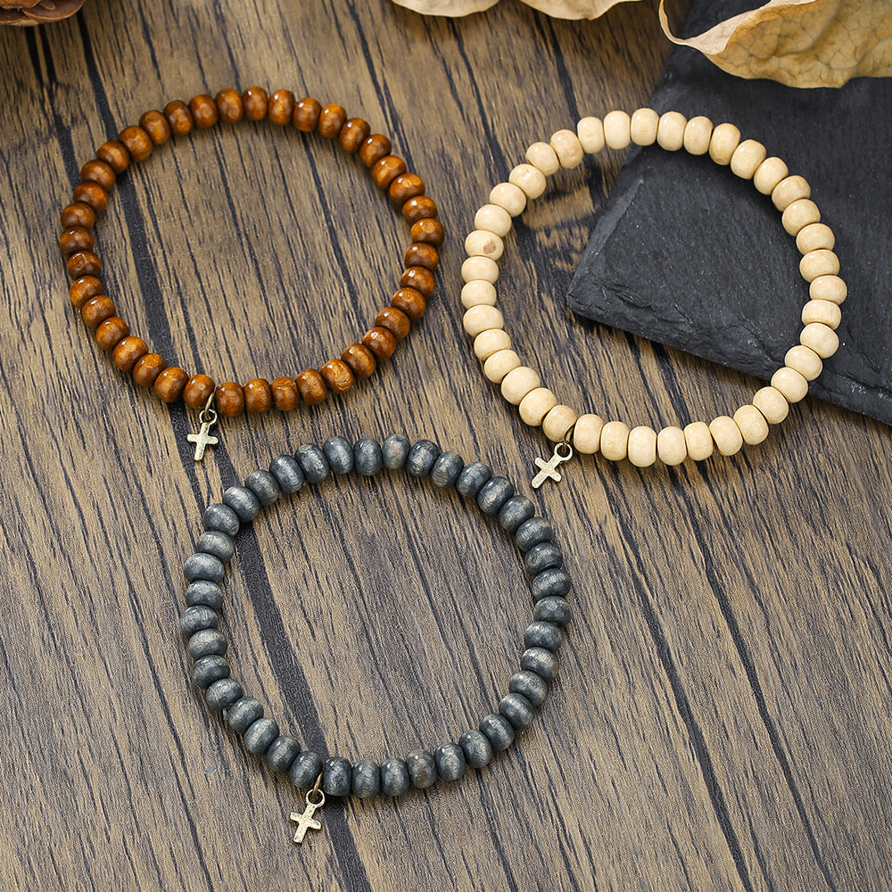 Handmade Round Wood Bead and Alloy Bracelet Unisex Geometric Stackable Jewelry