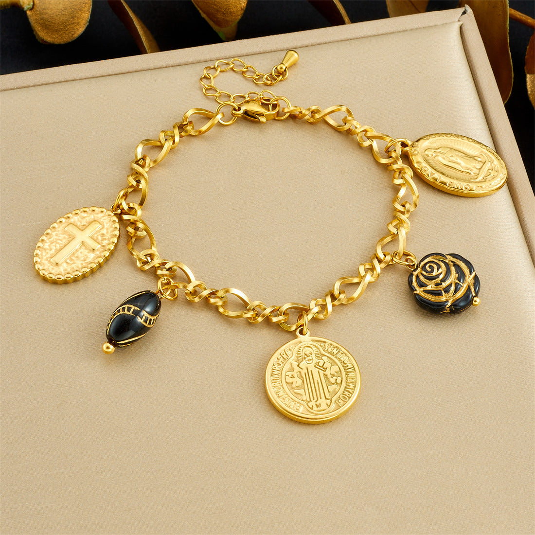 Luxury Elegant Black Gold Round Cross Pendant with Acrylic Flower Stainless Steel Jewelry Set for Women