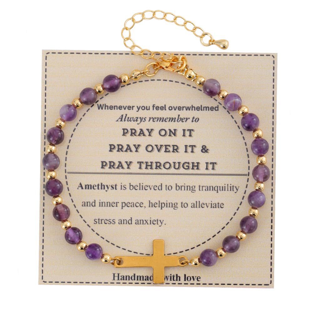 Minimalist Natural Stone Cross Bracelet with Turquoise and Amethyst Inlay for Women