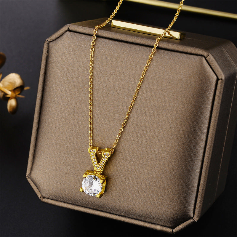 Minimalist Geometric Letter Pendant Necklace in Titanium Steel with Rhinestone Inlay and Plated Finish