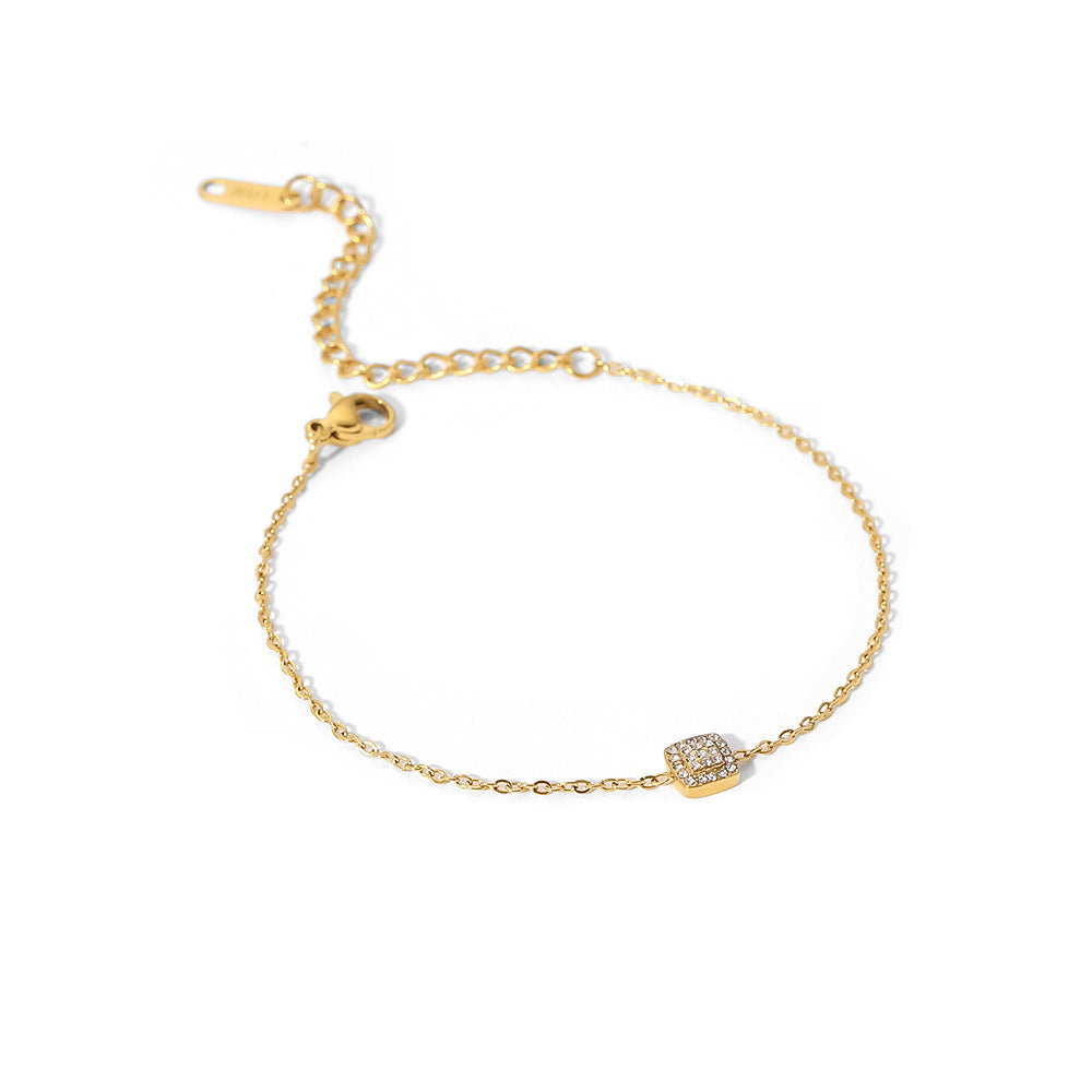 Minimalist Thin Bracelet with Geometric Square Pendant, 18K Gold-Plated Stainless Steel, Cubic Zirconia Accent, Women's Jewelry