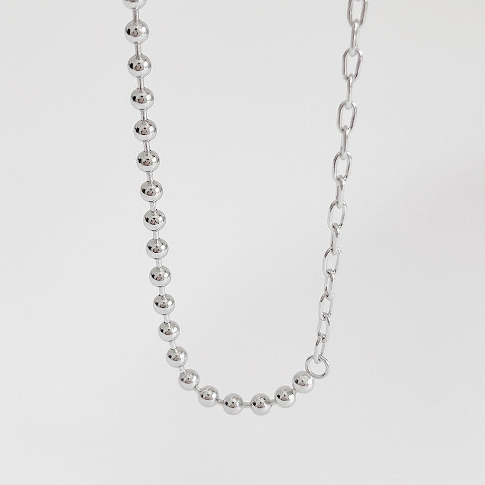 Minimalist 925 Sterling Silver Asymmetric Beaded Choker Necklace with Round Geometric Design